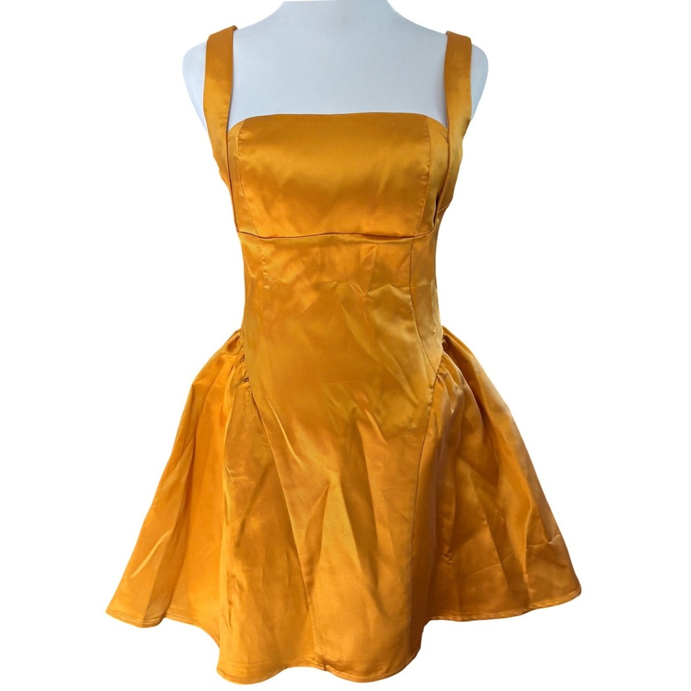 NWT Micas Satin Puff Hem Sleeveless Mini Dress Size‎ S Yellow Ochre
